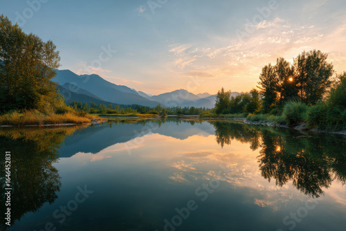 tranquil sunset over still lakes in vancouver canada surrounded by majestic mountains and lush greenery