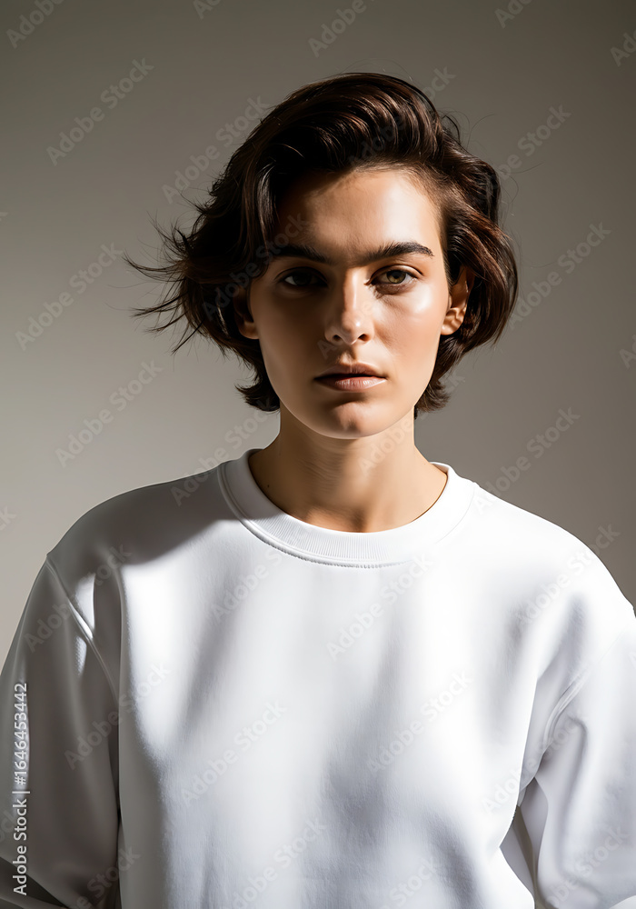 Fototapeta premium Woman in a white sweatshirt, serious expression. 