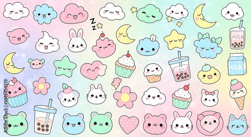 Adorable Kawaii Characters Illustration: Cute Cloud, Animals, Treats, and Beverages on Pastel