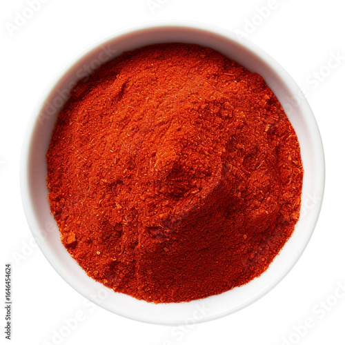 Overhead shot of fiery red chili spice in ceramic white bowl on transparent background, Close up top view of vibrant red chili powder, chili png, 