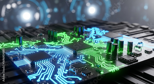 Wallpaper Mural Futuristic motherboard with glowing green and blue electronic pathways and a central processing unit for high-tech innovation and data flow. Torontodigital.ca