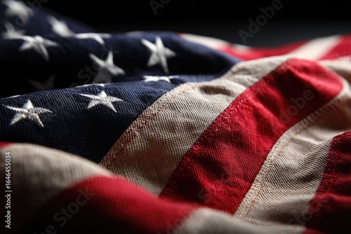Close-up view of an American flag, with intricate folds and details