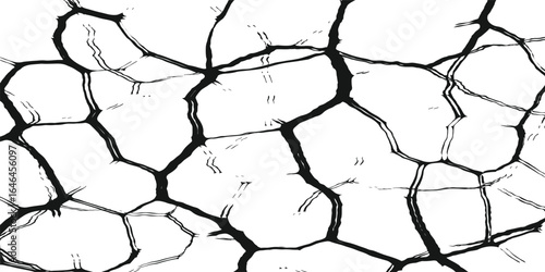 Broken cracked surface. Vector illustration. Monochrome background of coarse soil. Cracked earth. Dry soil texture. Ground cracks background.