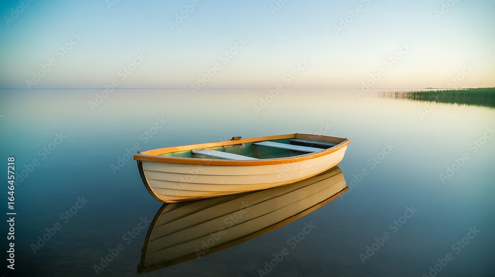 Naklejka premium White Rowboat Drifts on Serene Water at Sunrise or Sunset with Reflection calm