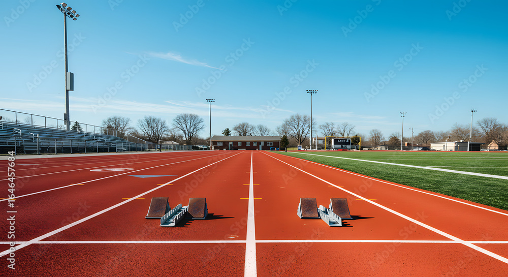 Obraz premium Track and Field: A striking perspective captures the raw energy of competition with vibrant red track, blue sky and starting blocks ready for a sprint.