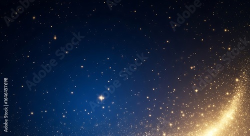 Elegant starfield illustration with shimmering gold dust and deep blue gradient