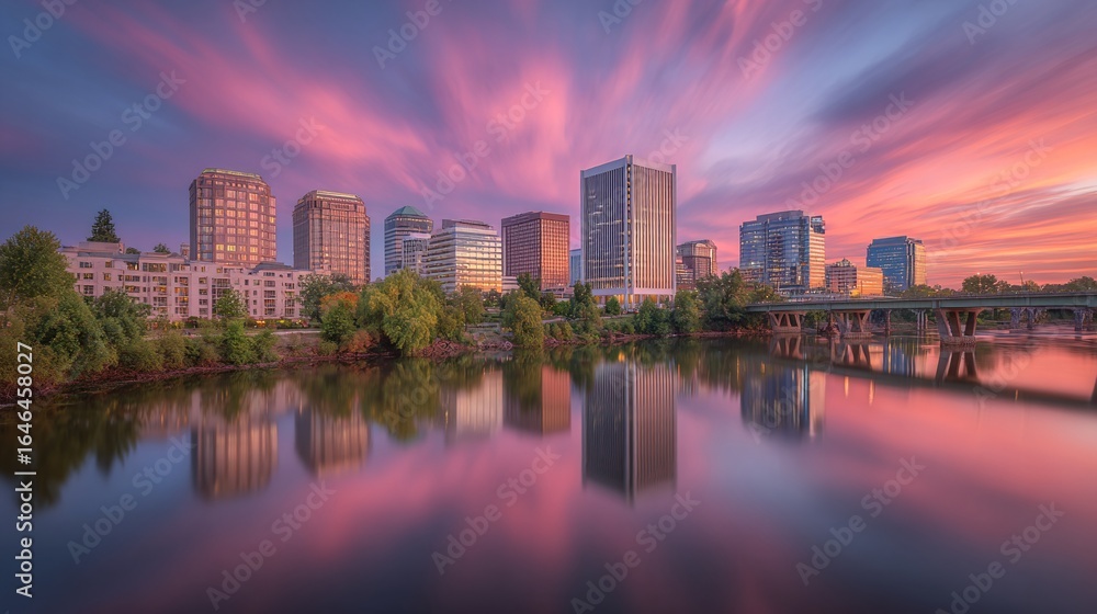 Fototapeta premium COUCHER DE SOLEIL ROSE SUR LA VILLE ET REFLETS DANS LA RIVIÈRE