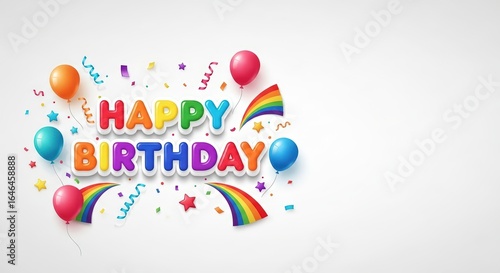 Colorful Happy Birthday Balloons and Ribbons on White Background