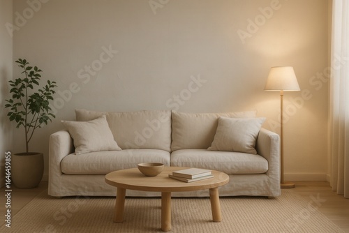 Scandinavian-inspired living room with accent wall featuring textured white walls and cozy seating area