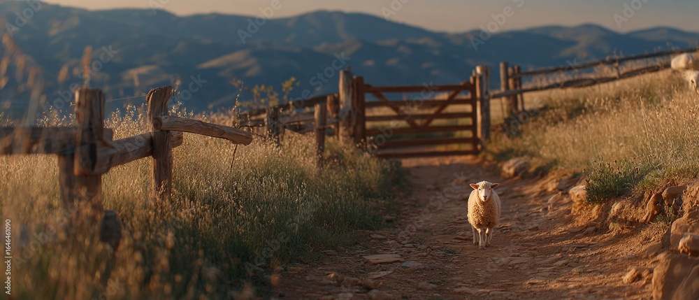 Obraz premium TROUPEAU DE MOUTONS SUIVANT UN CHEMIN DE TERRE À LA CAMPAGNE AU COUCHER DU SOLEIL
