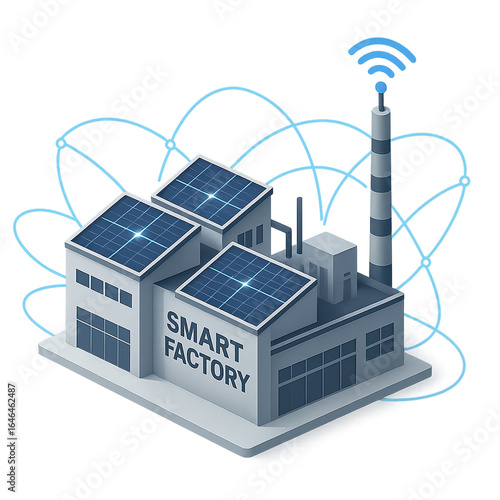 Logistics and Supply Chain Facility Architecture, vector illustration of smart factory with solar panel roofing, IoT wireless network integration, sustainable industrial automation, and scalable green