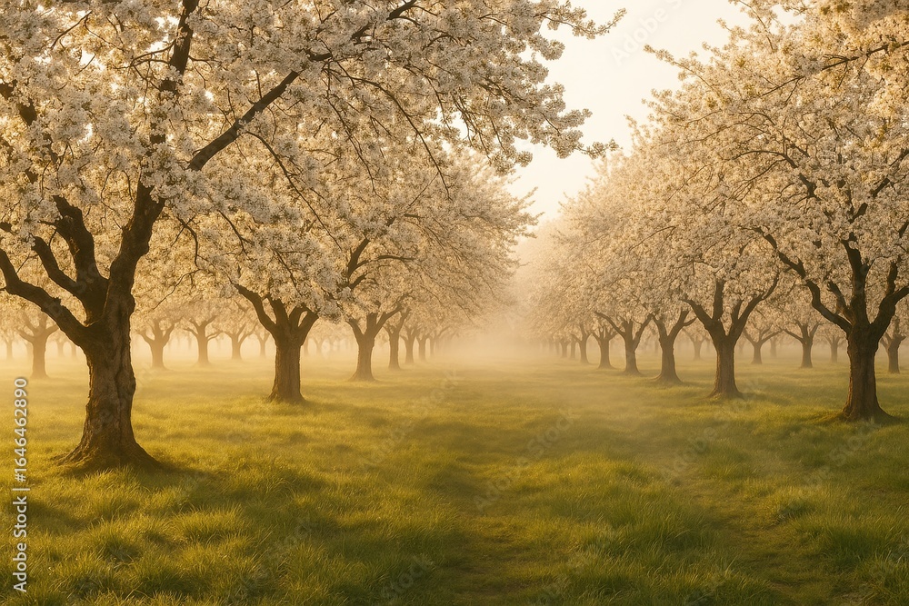 Fototapeta premium Organic cherry orchard in full bloom with delicate white blossoms on ancient gnarled branches