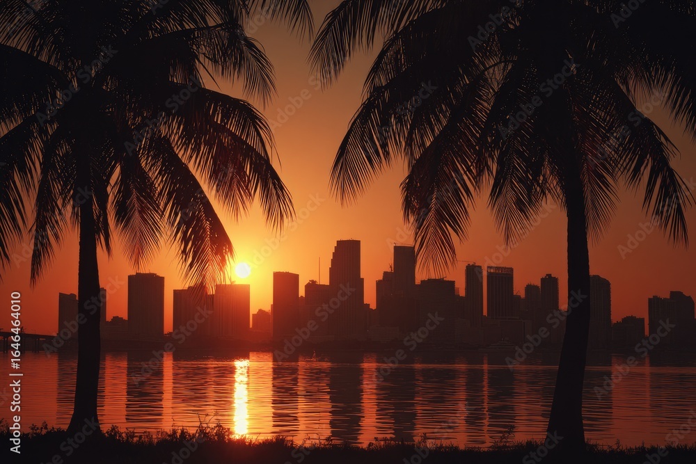 Obraz premium Silhouetted cityscape at sunset, framed by palm trees. Sunrise/sunset reflections on water