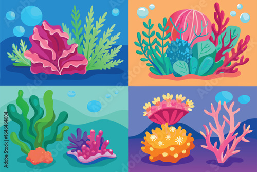 Vibrant coral reef scenes with aquatic plants and bubbles underwater ocean