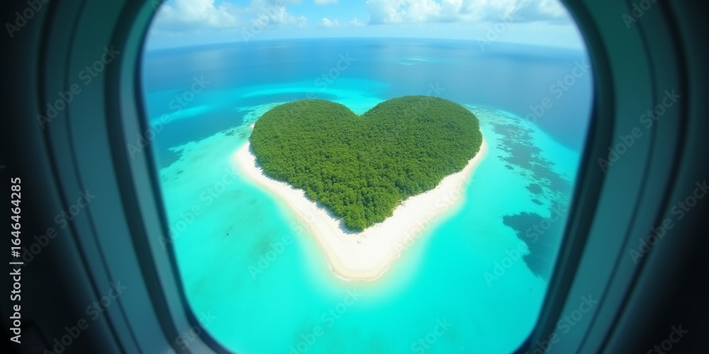 Obraz premium Heart shaped island paradise seen from airplane window