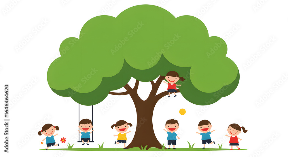 Fototapeta premium Childhood Playground Dreams A Vibrant Scene with Children Playing Under a Lush Tree, Experiencing Joy and Creating Lasting Memories of Playground Days