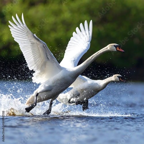 Two swans taking flight