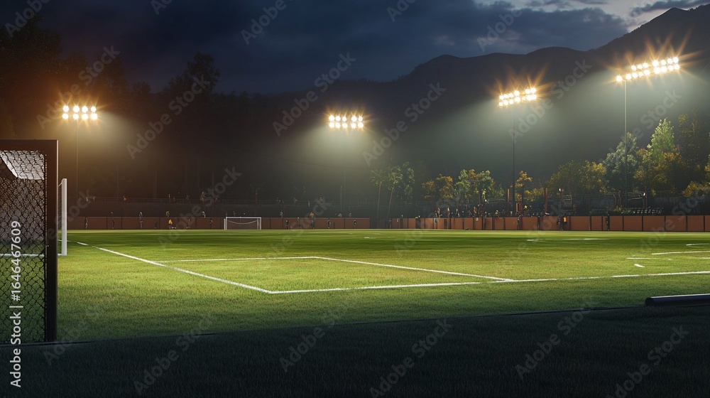 Fototapeta premium Illuminated soccer field under a night sky, stadium lights cast a warm glow