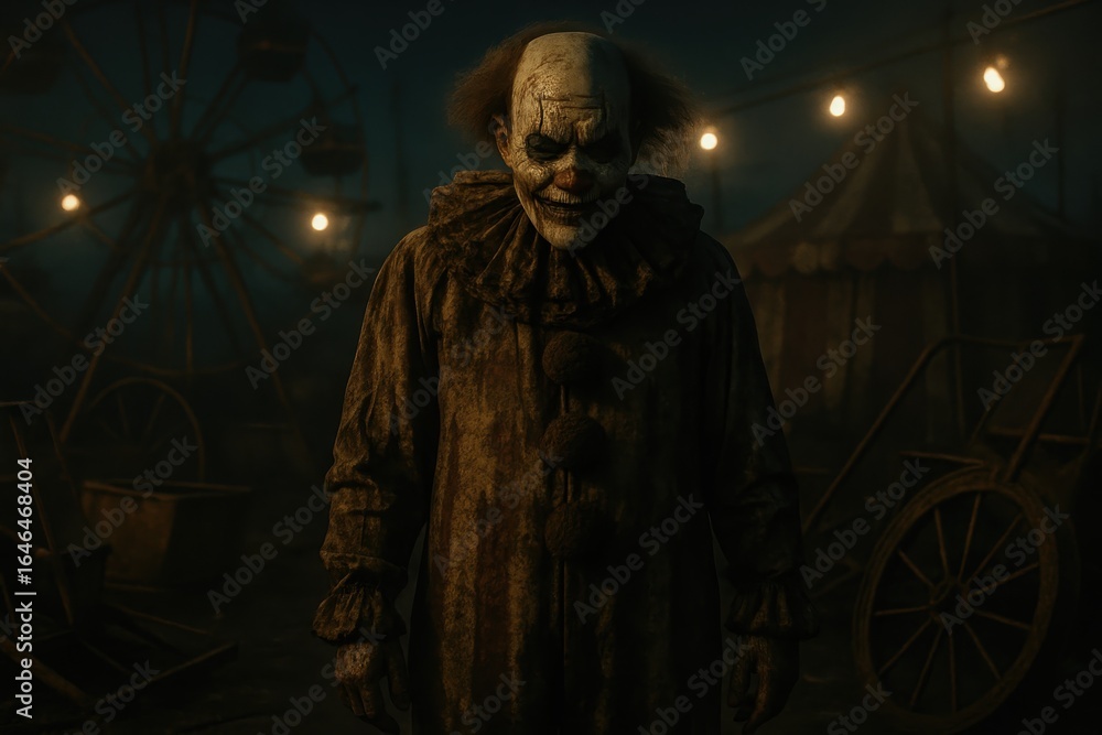 Naklejka premium Sinister carnival clown emerging from shadowy abandoned fairground with eerie atmosphere