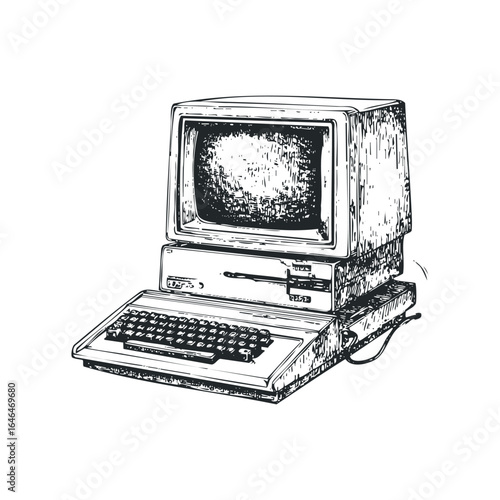 Vintage desktop computer with monitor and keyboard rendered in a sketchy style