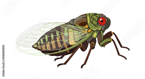 Detailed isolated cicada illustration with patterned wings on white background