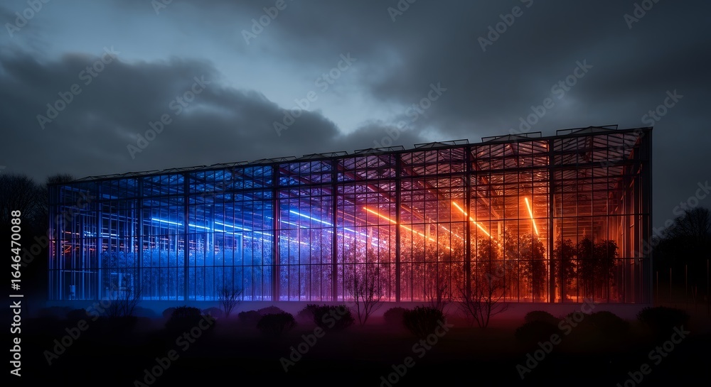 Obraz premium Modern greenhouse illuminated with blue and orange lights at night