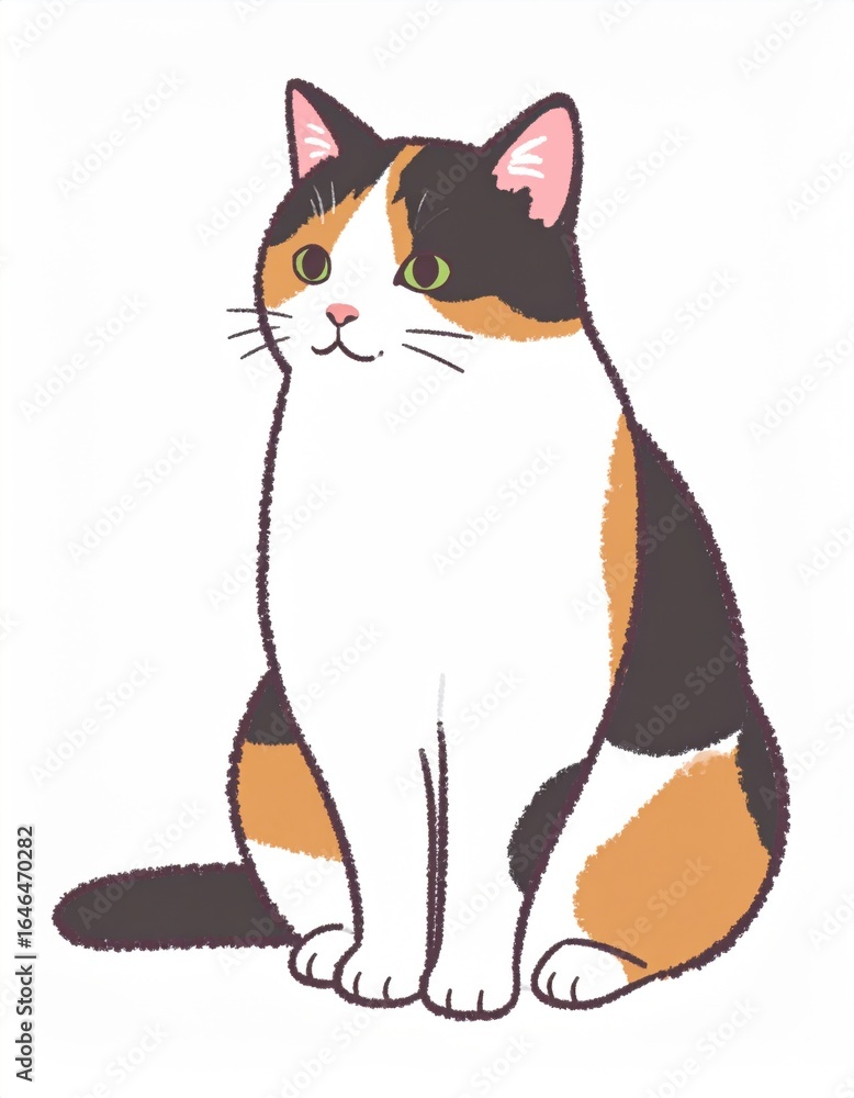 Obraz premium A cute, illustrated calico cat sitting gracefully, featuring a tri-color coat of orange, black, and white fur.