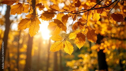 Cinematic low angle perspective of colorful fall leaves swaying on tree branches with warm sun rays glowing in the tranquil forest setting