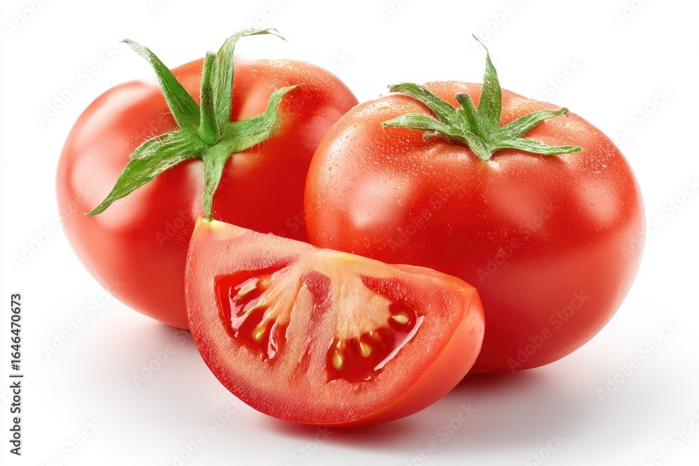 Two whole and one sliced red tomatoes on a white background. Two whole and one sliced red tomatoes on a white background.