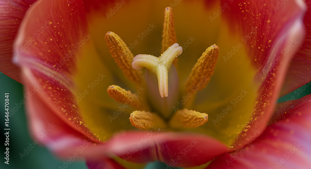 Obraz premium Detailed macro view of a tulip's interior, highlighting the intricate structure of the stamen, pistil, and vibrant pollen grains.