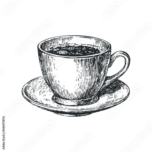 Hand drawn sketch of a steaming coffee cup and saucer