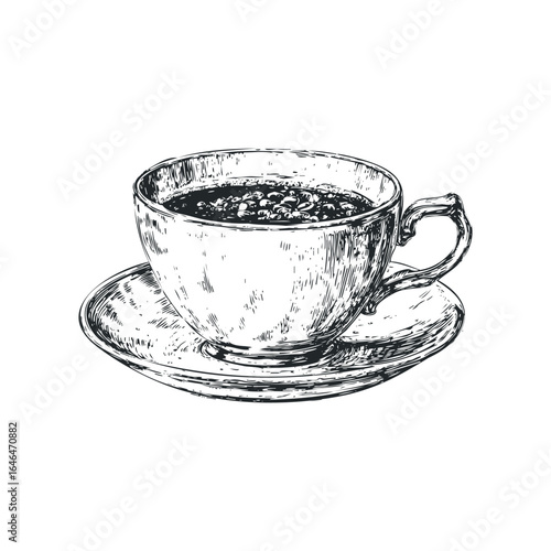 Hand-drawn sketch of a full coffee cup and saucer
