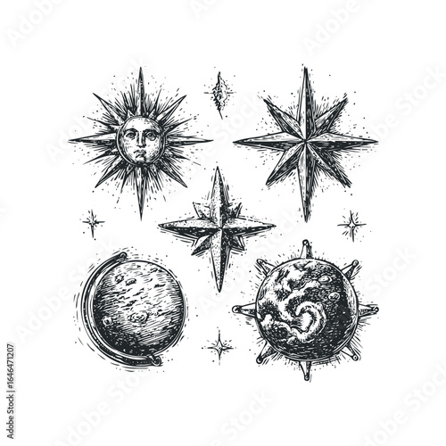 Celestial bodies and starbursts in vintage linocut style