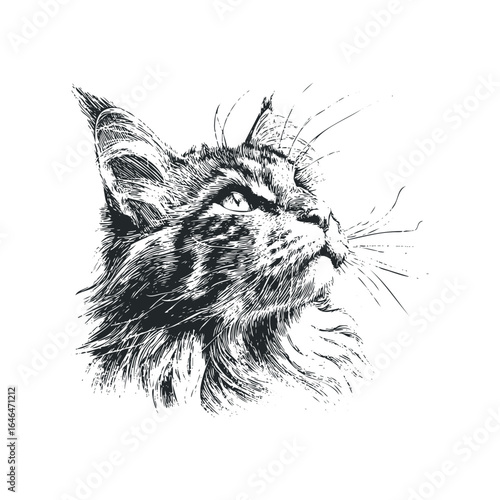 Detailed sketch of a Maine Coon cat's head looking upwards