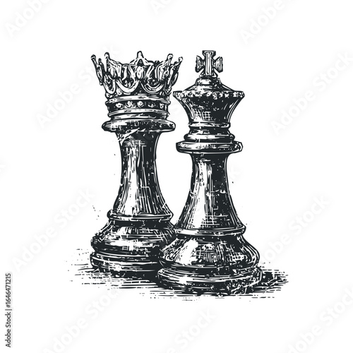 Black and white sketch of two chess pieces, king and queen