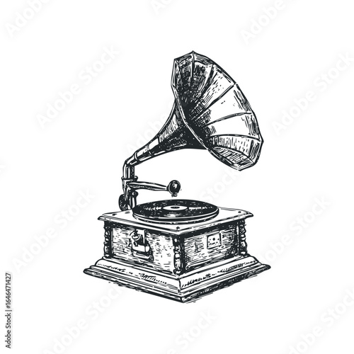 Vintage Gramophone Sketch with Detailed Horn and Turntable
