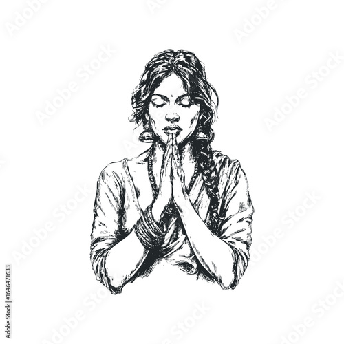 Sketch of an Indian woman in prayer with closed eyes and clasped hands