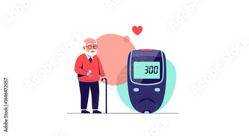 Elderly man managing his diabetes with a glucose meter and heart health checkup