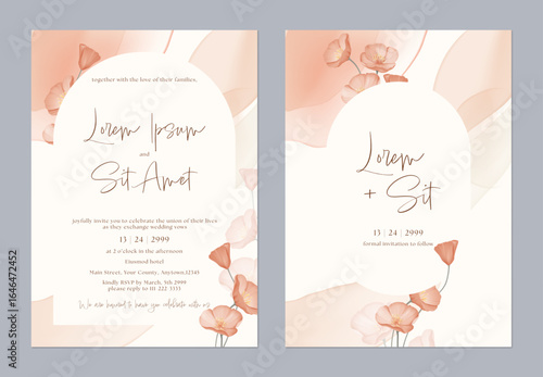 Wedding invitation and save the date template set with a watercolor washes in soft peach and beige tones, along with California Poppy flowers