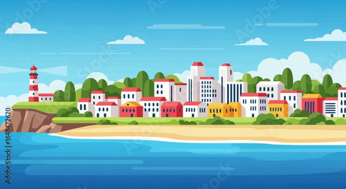 Charming seaside town with lighthouse and beach, a vibrant vector illustration