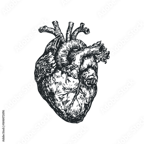 Detailed ink sketch of a human heart with prominent blood vessels and arteries