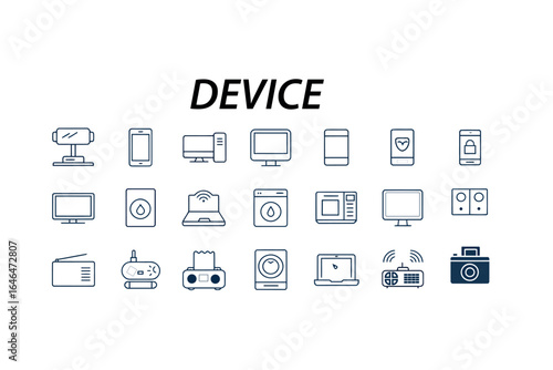 Collection of electronic device icons in dark blue outline on white background electronic devices technology