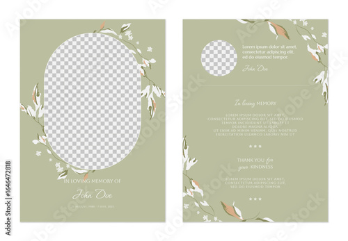 Floral memorial card template, featuring leafy branches in shades of white and green on a light green background