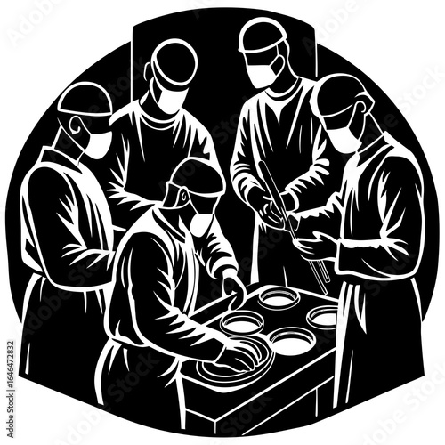 Group of surgeons in surgical masks and scrubs performing operation in black and white illustration surgery