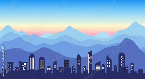 Modern Cityscape Silhouette with Layered Mountains and Sunset Hues Backdrop
