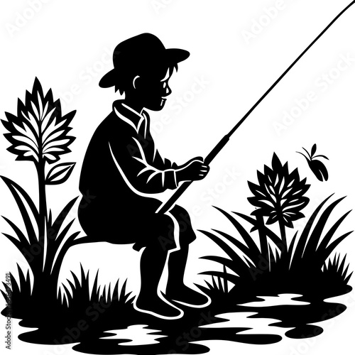 Silhouette of a boy fishing by the water with reeds and plants child