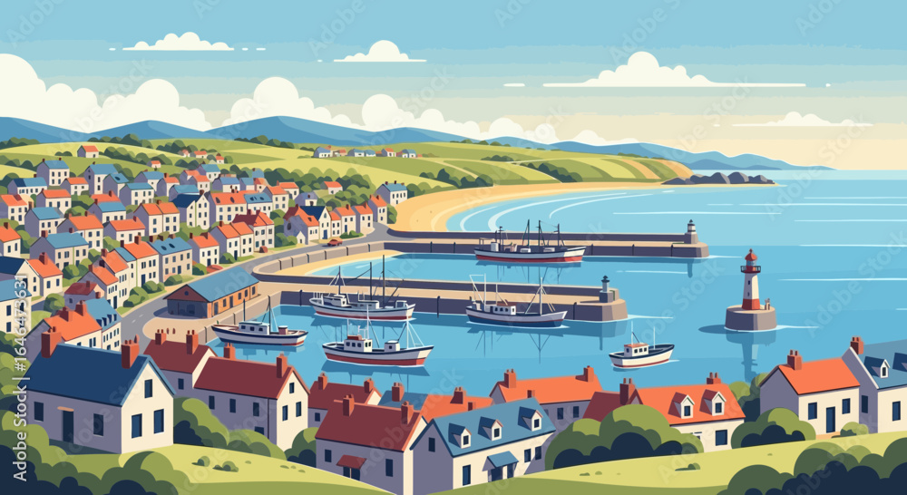 Obraz premium Picturesque coastal village scene with fishing boats and a welcoming harbor