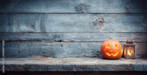 Halloween pumpkin on weathered wooden shelf
