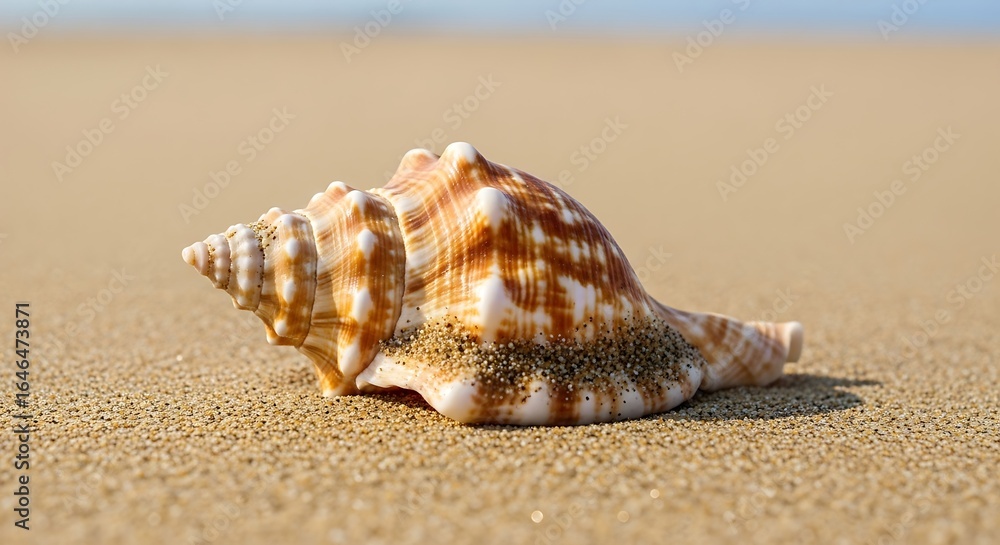 Seashell resting gently on the pristine golden sand of the seashore beach Seashell resting gently on the pristine golden sand of the seashore beach
