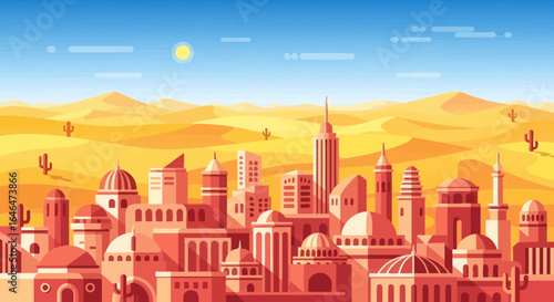 Stylized desert city skyline illustration with warm colors and simple design